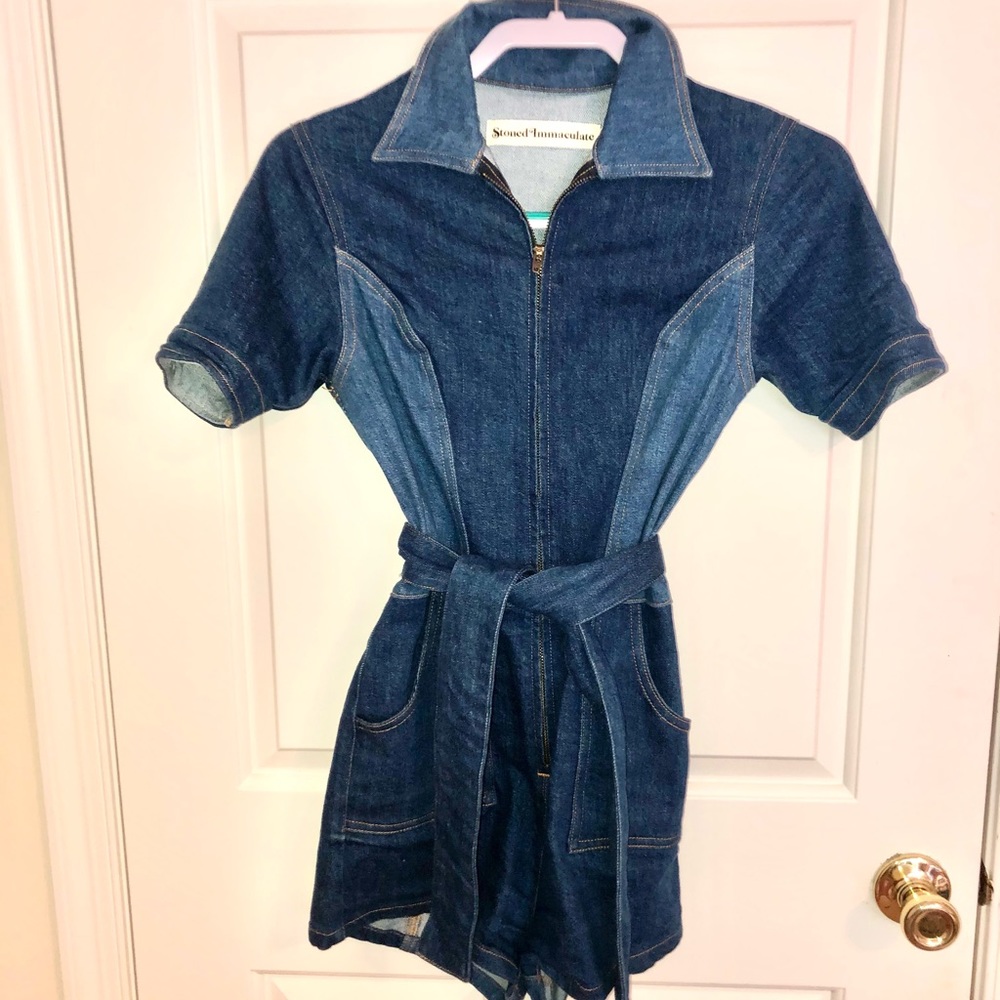 Stoned Immaculate Dark Blue Denim Zip Romper with Belt - Picture 2 of 8